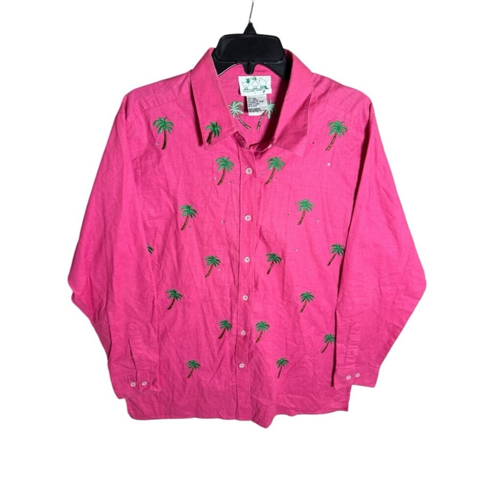 Quacker Factory Pink Linen Cotton Palm Tree Embroidered Button Down Coastal Top